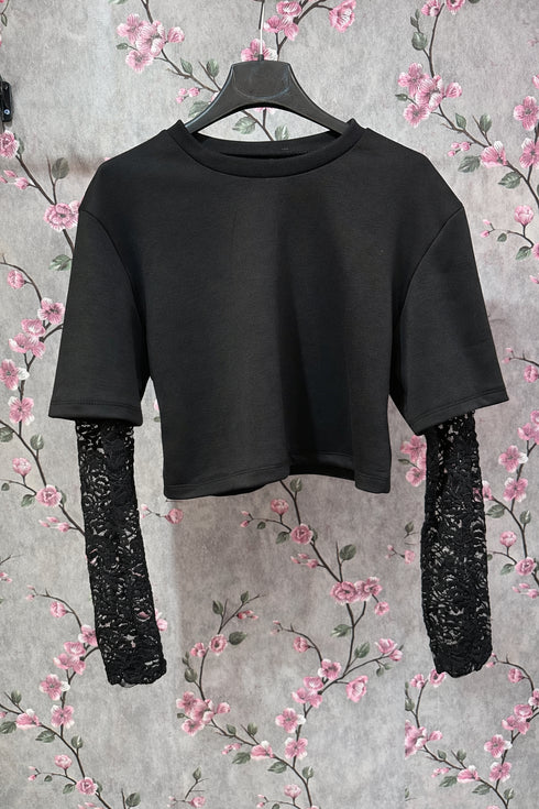 Maglia Crop con Maniche Lunghe in Pizzo