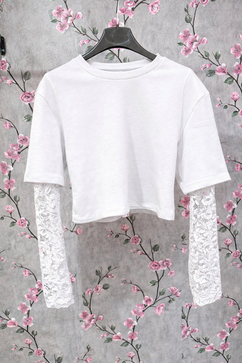 Maglia Crop con Maniche Lunghe in Pizzo